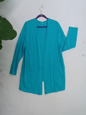 NWT. Chico's Thigh Length Open-Front Tee Cardigan in Teal